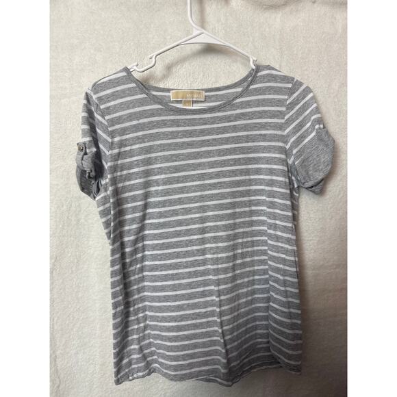 BN #13 Michael Kors Gray & White Striped Short Sleeve T-Shirt - Size M - Picture 1 of 6